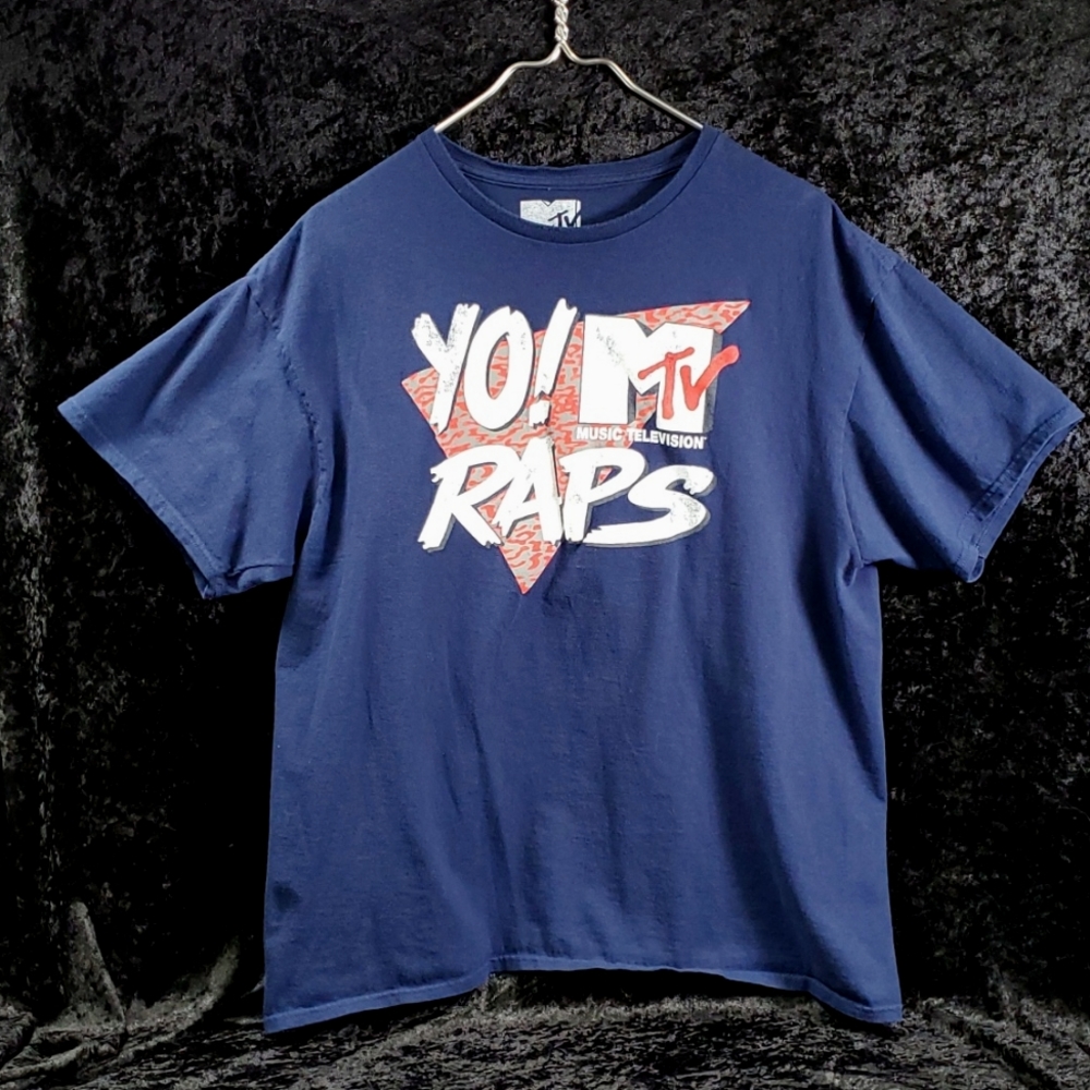 MTV Yo MTv Raps Music Television T Shirt Blue w distressed Red White Gray logo